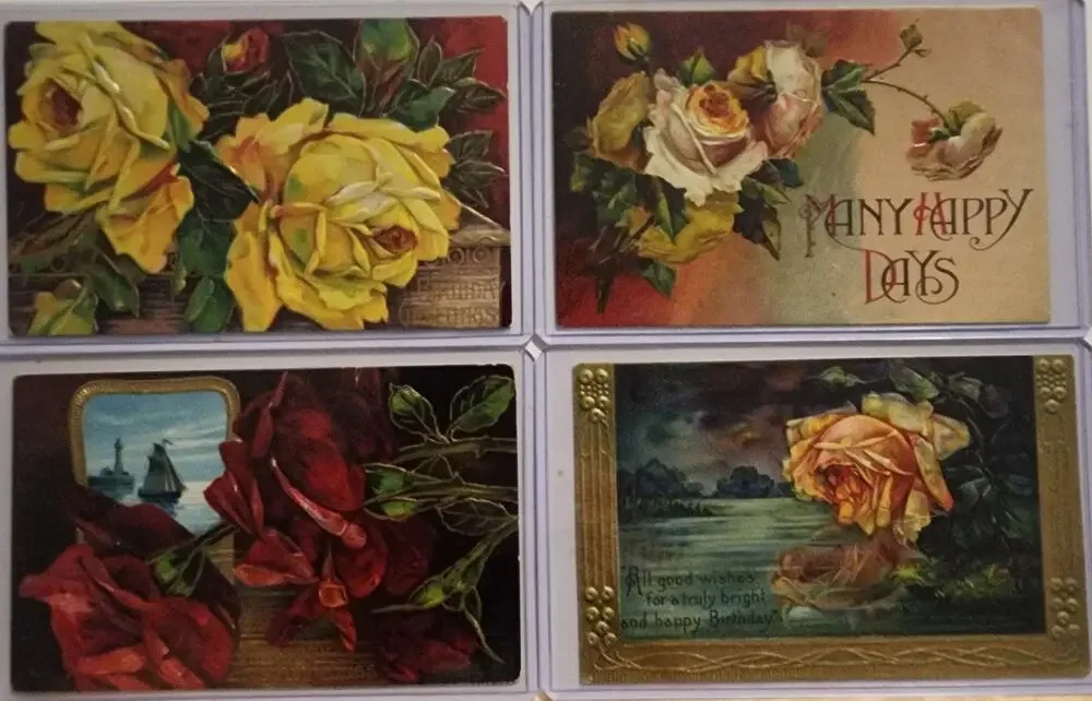 Lot Of Four Vintage Antique Embossed Postcards Flowers Birthday